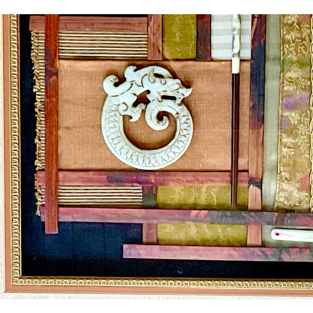 Chinoiserie 1980s Vintage Mixed Media Chinoiserie Collage Assemblage ‘Chivalry’, Framed & Artist Signed. For Sale - Image 3 of 11
