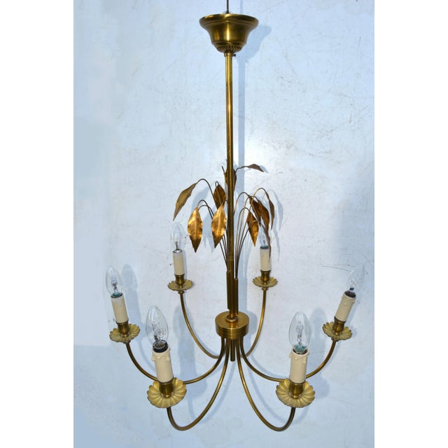 Maison Charles Style Feuilles Gold Leaf & Brass 6-Light Chandelier France 1960 For Sale In Miami - Image 6 of 13