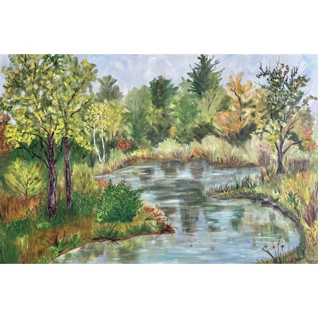 American Large 1970s Folk Art Landscape Oil Painting, Framed For Sale - Image 3 of 7