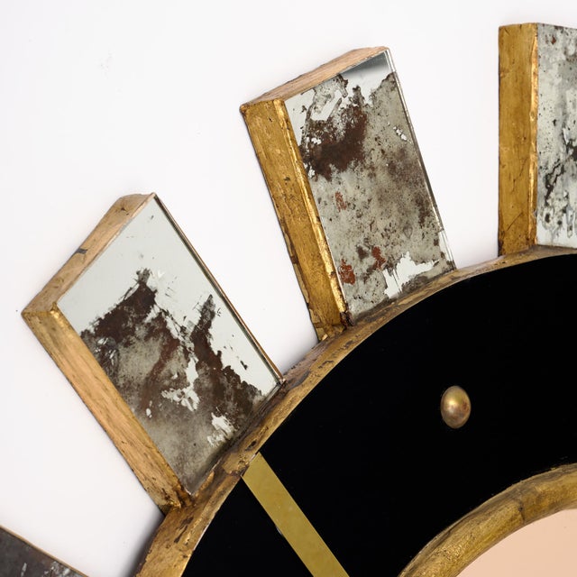 Spanish Modernist Sunburst Mirror in Giltwood, Black Glass and Brass, Circa 1990 For Sale In Austin - Image 6 of 9