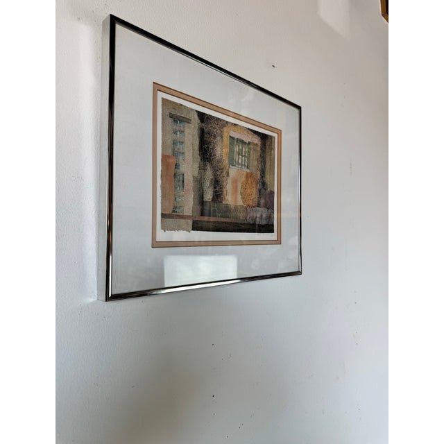 A striking 1983 vintage collage expressionist abstract painting by Ellis Islands, featuring a textured composition of...