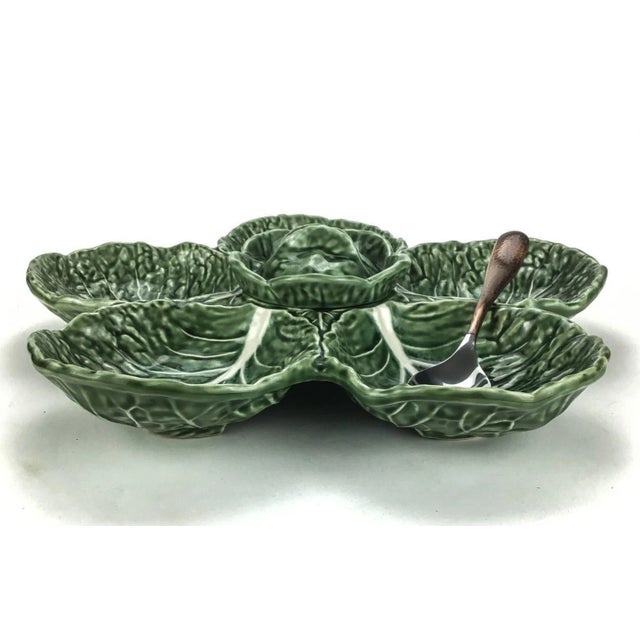 Green Vintage Cabbage Design Divided Serving Platter by Olfaire Portugal With Spoon For Sale - Image 8 of 12