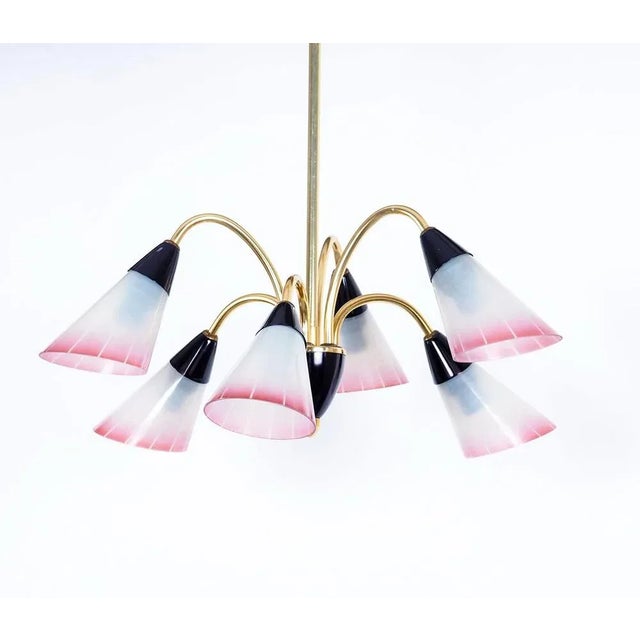 Brass chandelier with 6 glass shades from the 1950s. The shades are made of milky white glass with pink. Stilnovo style....