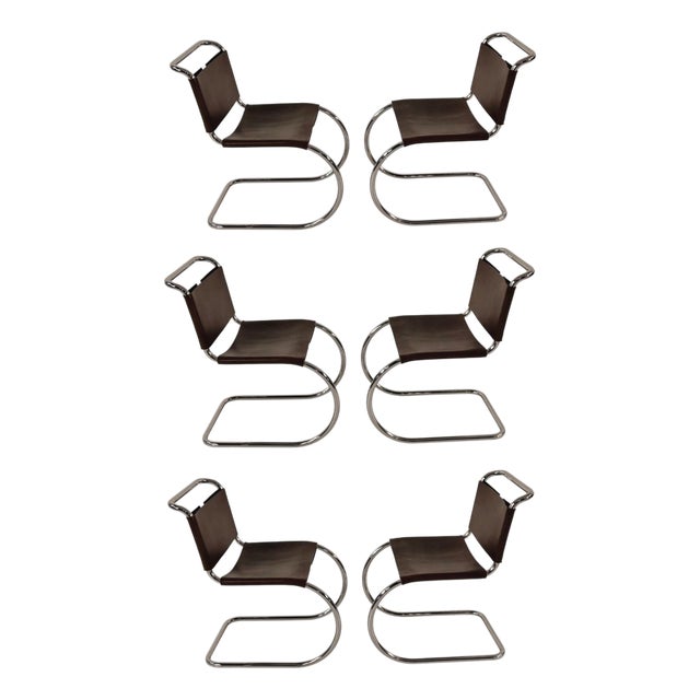 Set of 6 Mies Van Der Rohe Leather Mr10 Dining Chairs, Knoll International, 1960 For Sale