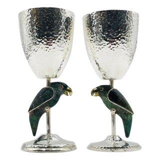 1980s Emilia Castillo Parrot Goblets for Los Castillo, Mexican Modern Silver - a Pair For Sale