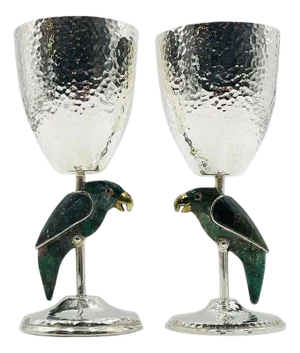 1980s Emilia Castillo Parrot Goblets for Los Castillo, Mexican Modern Silver - a Pair