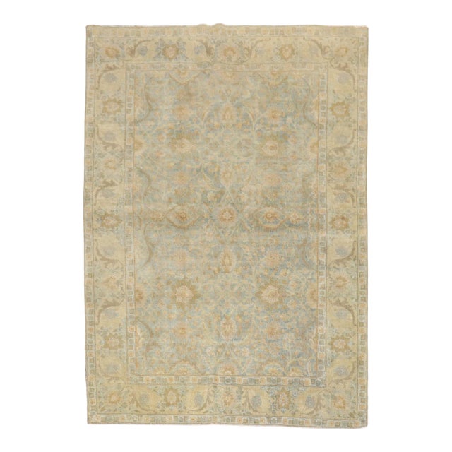 Zabihi Collection Light Blue Antique Persian Tabriz Carpet - 4'5" x 6' For Sale