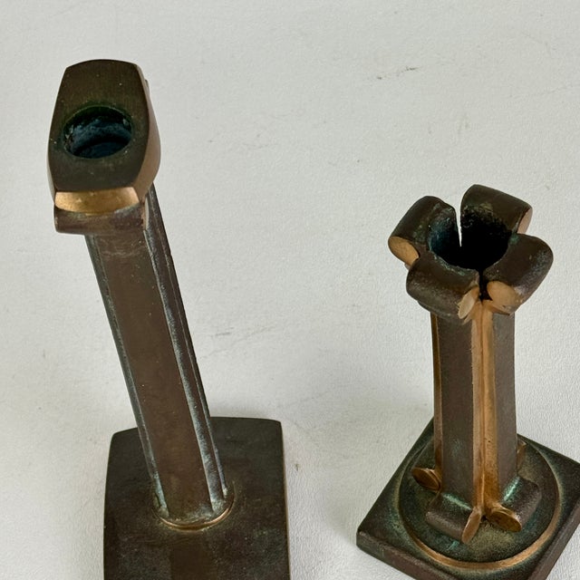 Antique Pair of Solid Bronze Art Nouveau French Candlesticks in Column Design and Brass Finish For Sale - Image 4 of 13