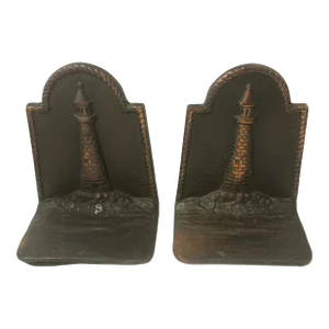 Pair of 1980s Cast Iron Lighthouse Bookends