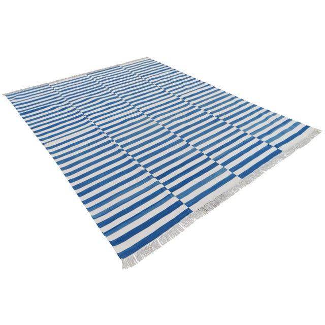 Handmade Cotton Blue and White Striped Rug - 10'x14' For Sale - Image 11 of 11
