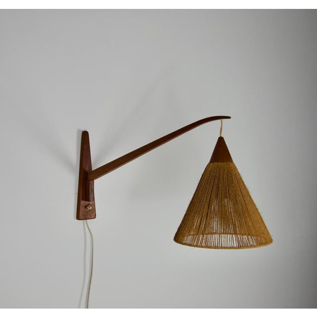 Mid-Century Teak and Rattan Swing Arm Wall Lamp attributed to Temde, 1960s For Sale - Image 3 of 10