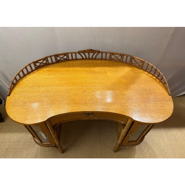 Wood Art Nouveau Ladies Writing Desk in Oak and Rattan with Vitrine Cabinets, 1910 For Sale - Image 7 of 10