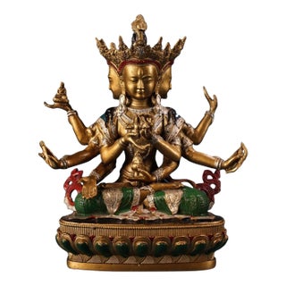 1980s Tibetan Gilt Painted Bronze Ushnishavijaya (Vijaya) Statue, Three‑Face Eight‑Armed Buddhist Goddess Sculpture For Sale