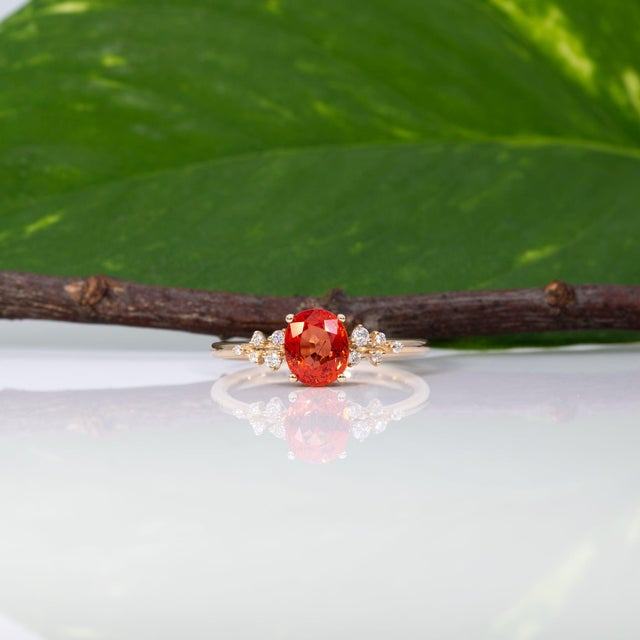1.4Ct Padparadscha Sapphire Ring With Natural Diamond Accents: Solid 14k Gold, Size 6.75 For Sale In Columbus - Image 6 of 10
