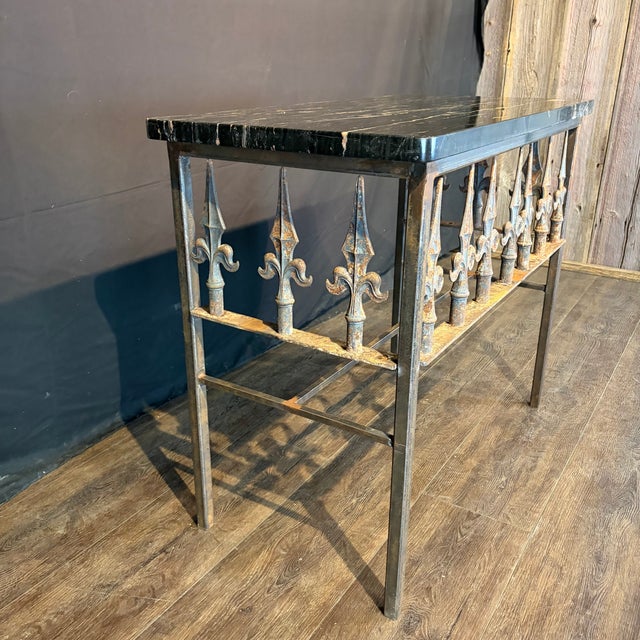 1980s Antique French Wrought Iron Console Table With Balcony Railing and Marble For Sale - Image 5 of 10