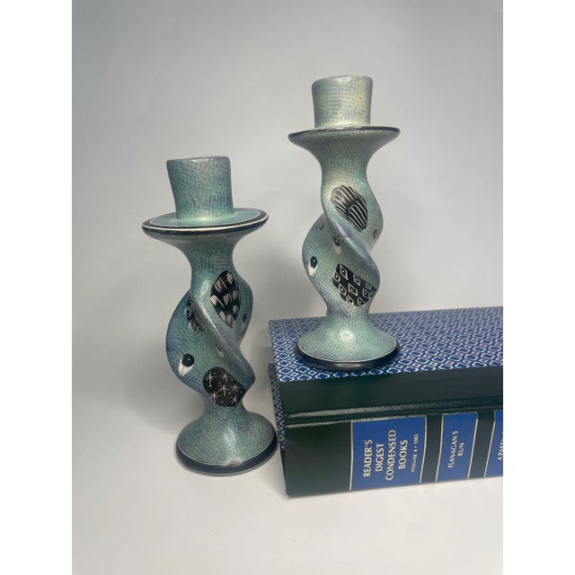 A Pair of Boho Chic Soapstone Candlesticks For Sale - Image 10 of 12