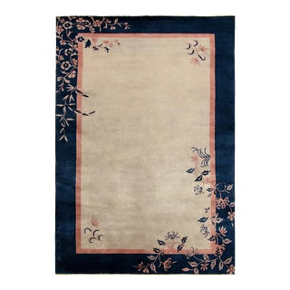 Vintage Chinese Deco Style Rug in Beige, Blue Border and Peach Floral Patterns For Sale