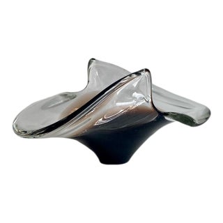 Vintage Murano Hand-Blown Clear Glass Dish With Brown Base For Sale