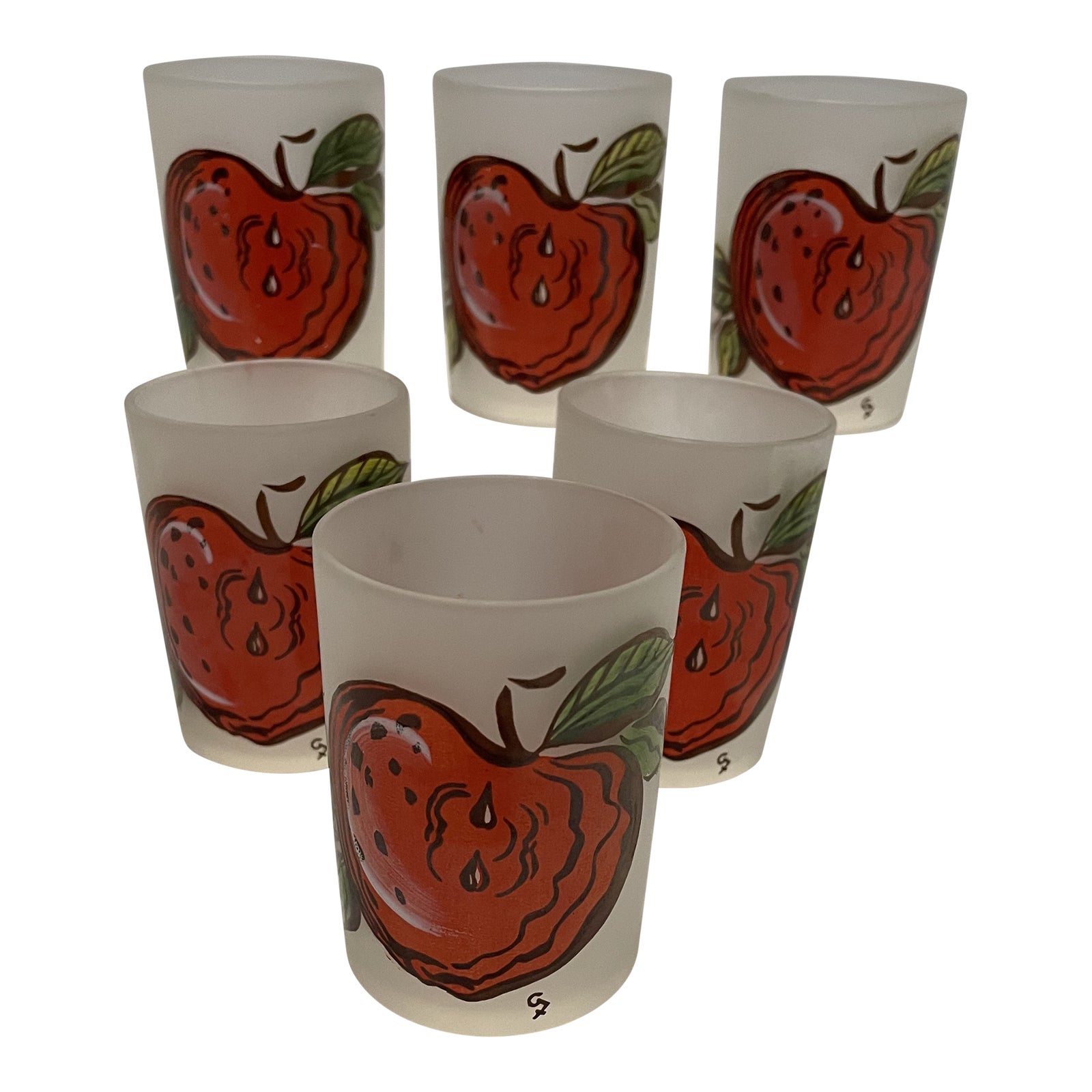 Vintage HazelAtlas Gay Fad Frosted Glass Apple Juice Glasses Set of 6
