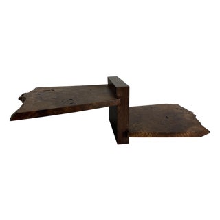 2000s Live Edge Enzo Custom Hanging Figured Claro Black Walnut Burl Double Shelf - 1 Piece For Sale