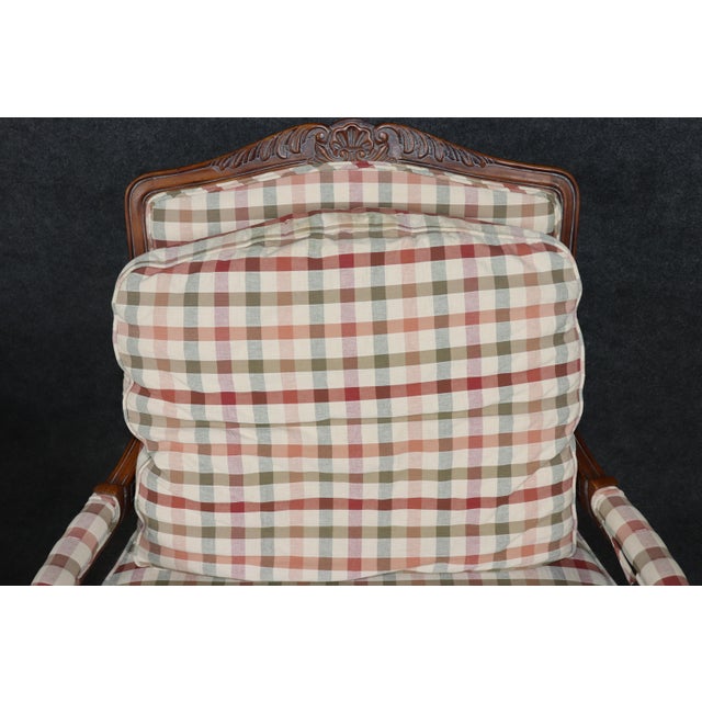 Pair Louis XV Style Carved Wood Armchairs With Plaid Upholstery For Sale - Image 4 of 15