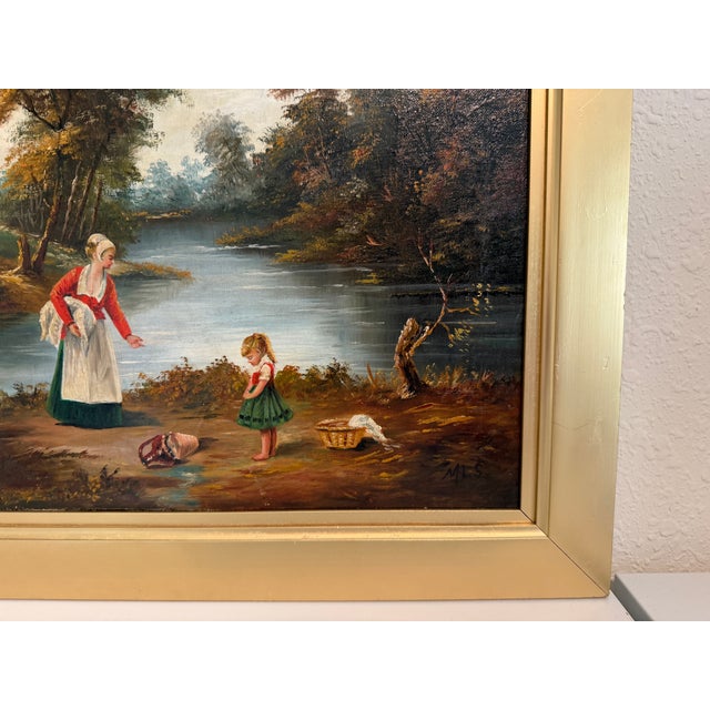 Mid 20th Century Signed European Oil Painting Mid Century Genre Landscape Cottage Scene For Sale - Image 12 of 13