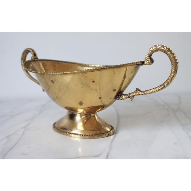 Vintage Oval Brass Pedestal Bowl W/ Ornate Handles For Sale - Image 4 of 12