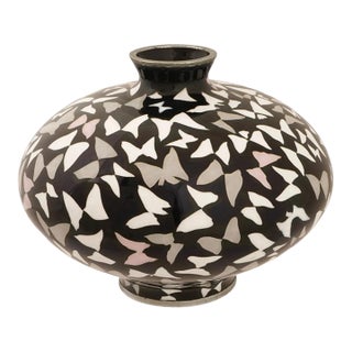 Signed Japanese Cloisonne Enamel Black Ground Butterfly Vase For Sale