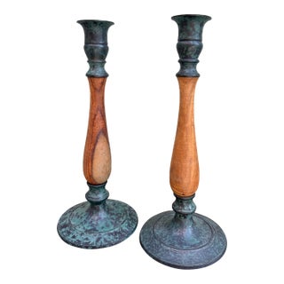Vintage Scandinavian Wood & Verdigris Patina Candlesticks, a Pair — Rustic Modern For Sale