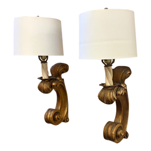 Early 20th Century Wood Giltwood Wall Sconces With Shades - a Pair