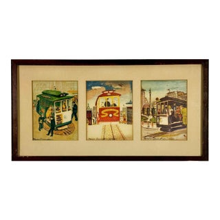 1944 Signed Marion Cunningham San Francisco Cable Car Serigraph Triptych, Mid-Century Modern Sf Wall Art, Vintage Wwii Era Silkscreen Set For Sale