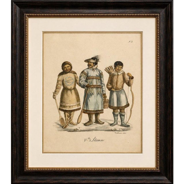 Nenet Woman, Aleut Man & Inuit Youth, Brodtmann Lithograph, 1816 This original hand-colored lithograph presents a...