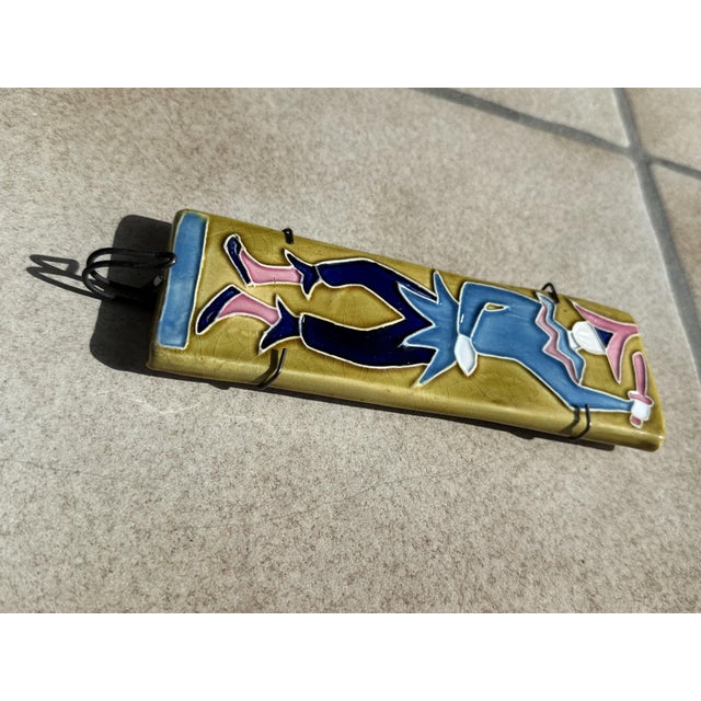 Blue Signed Harlequin Relief Tile in Ceramic with Metal Hook, Italy, 1950s For Sale - Image 8 of 11