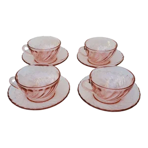 1980s Blush Pink Glass Teacups & Saucers Set- 8 Pieces