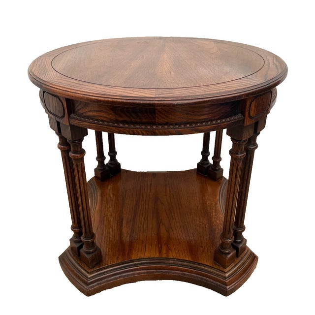 Vintage Round Side Table With Bottom Shelf Double Column Legs Solid Oak For Sale - Image 4 of 12