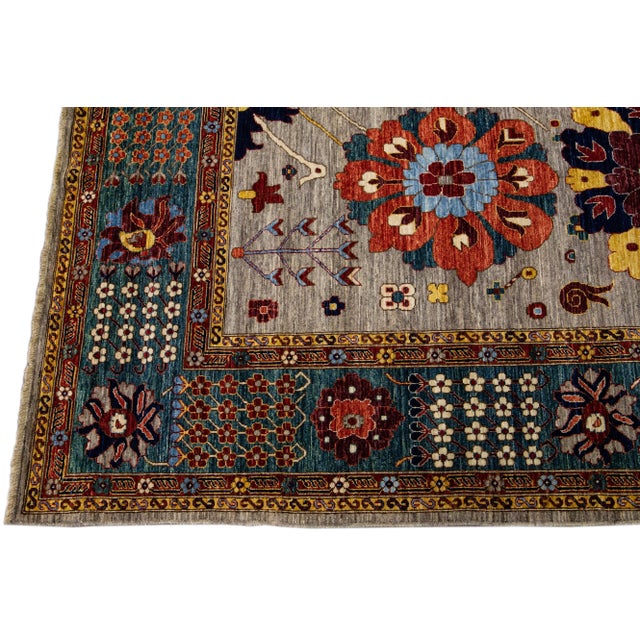 Gray Modern Serapi Style Handmade Floral Designed Wool Rug For Sale - Image 4 of 10