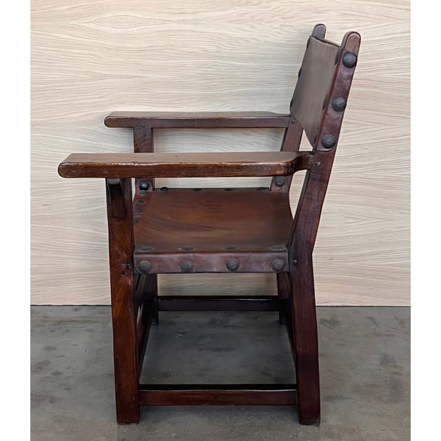 Late 19th Century 19th Century Spanish Pair of Colonial Carved Armchairs With Leather Seat & Back For Sale - Image 5 of 10