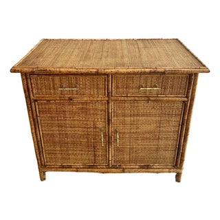 Vintage MCM Bamboo Rattan Woven Wicker Cabinet For Sale