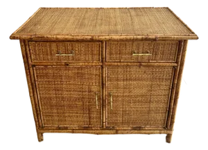 Vintage MCM Bamboo Rattan Woven Wicker Cabinet