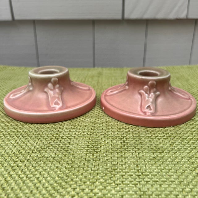 1910s 1919 Rookwood Pottery Pink Matte Candlestick Holders – Shape 2472- a Pair For Sale - Image 5 of 12