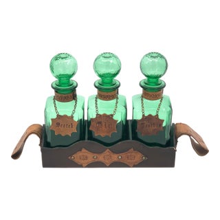 1960s Mid-Century Modern Emerald Empoli Green Decanter Set - 4 pcs For Sale