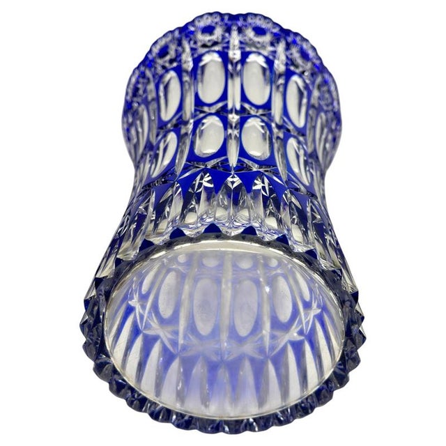 Glass Large Bohemian Vibrant Cobalt Vase in Crystal Cut-to-Clear, 1930 For Sale - Image 7 of 9