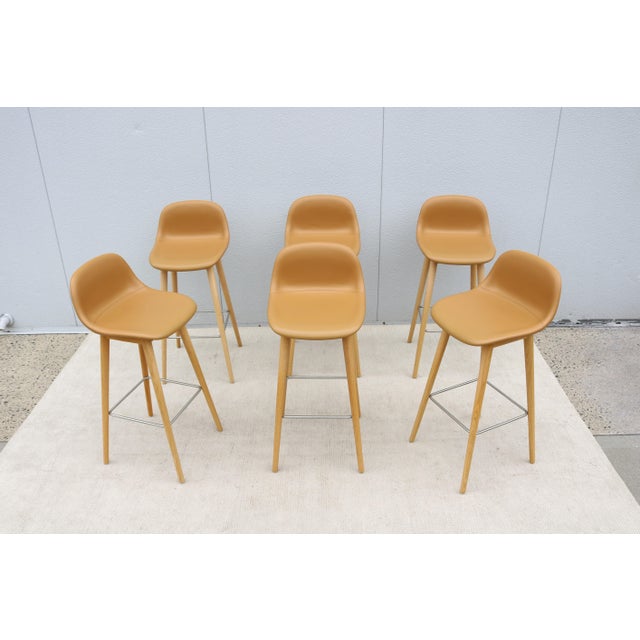 Wood Danish Iskos-Berlin for Muuto Brown Leather Fiber Bar Stools Oak Base - Set of 3 For Sale - Image 7 of 18