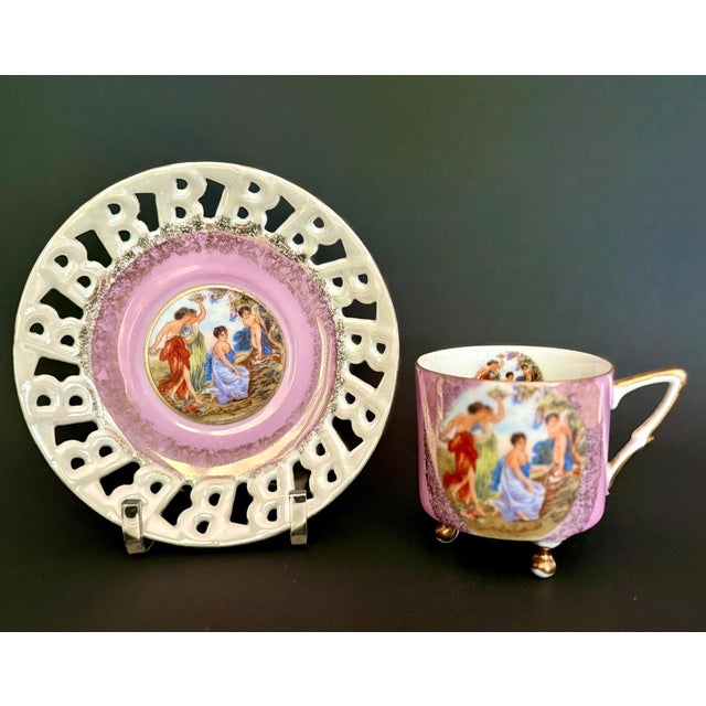 Vintage Royal Halsey Teacup & Saucer: Gilded Pastoral Scene, Reticulated Saucer For Sale - Image 4 of 8