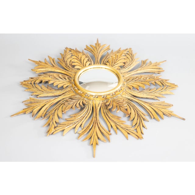 Rustic European Vintage French Giltwood Sunburst Convex Mirror, 1950s For Sale - Image 3 of 8