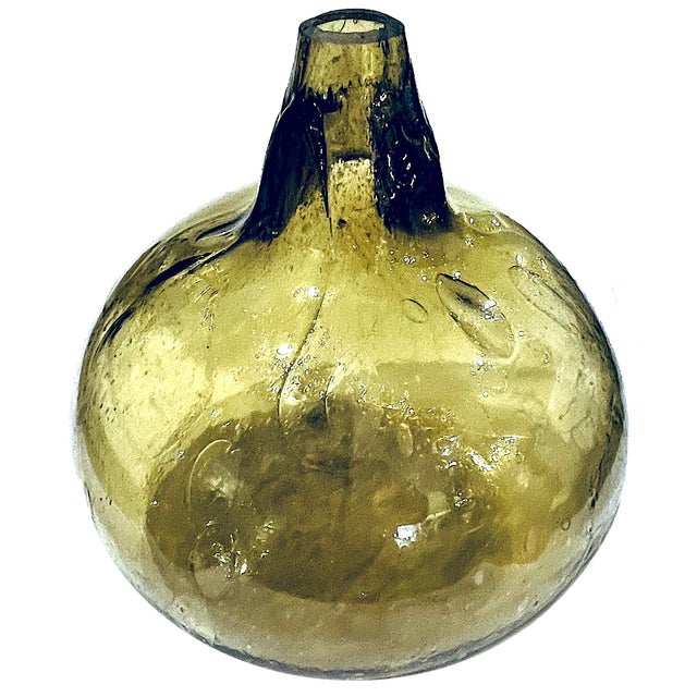 1970's Blown Olive Green Art Glass Demijohn Bottle For Sale - Image 6 of 9