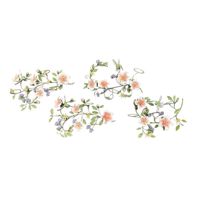 Vintage Porcelain and Tole Floral Candle Holder Wall Sconces - Set of 4 For Sale
