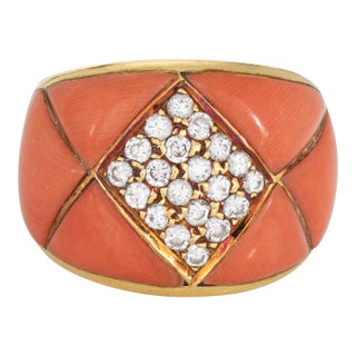 80s Vintage Coral Diamond Cigar Band 18k Yellow Gold Sz 6.25 Ring Fine Jewelry For Sale