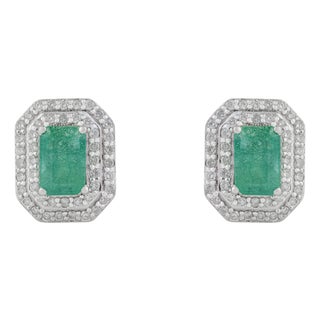 1.3Ct Emerald and Diamond Double Halo Stud Earrings in 14k Gold- A Pair For Sale