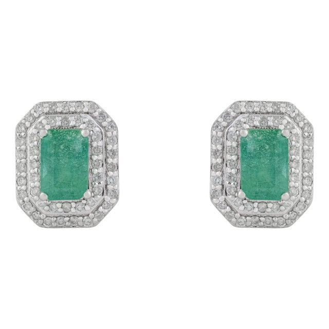 1.3Ct Emerald and Diamond Double Halo Stud Earrings in 14k Gold- A Pair For Sale